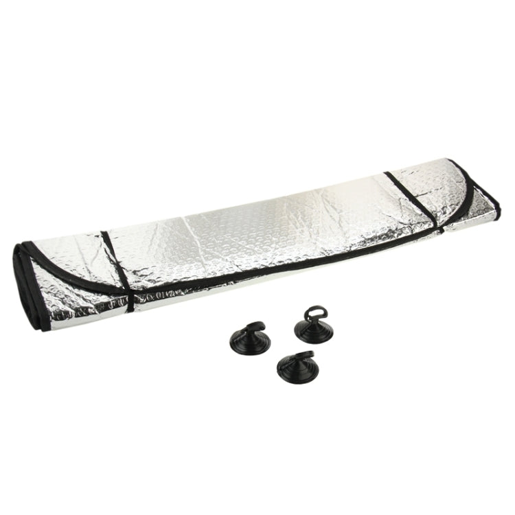 Silver reflective foldable sunshade with black straps and included mounting clips