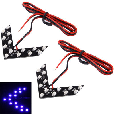 Universal car side mirror LED arrow lights with red/black wiring, blue LED light pattern