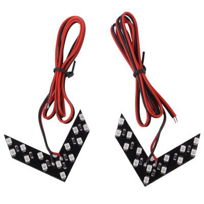Universal car side mirror LED arrow lights with red/black wires, two-piece pair
