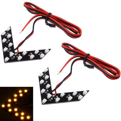 Universal car side mirror LED arrow lights with red/black wiring, yellow LED glow demo