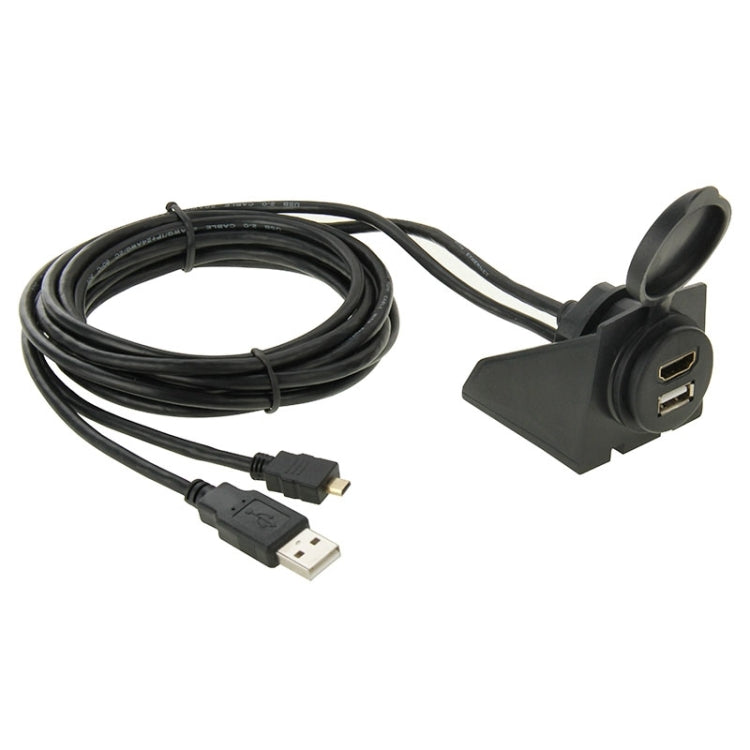 Black adapter cable with flush-mount housing and USB 2.0 plus HDMI Type-A female ports