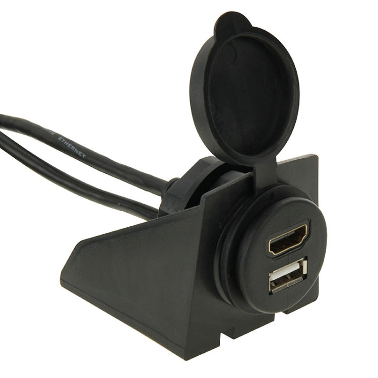 Black flush-mount bracket with HDMI Type-A female port and circular opening