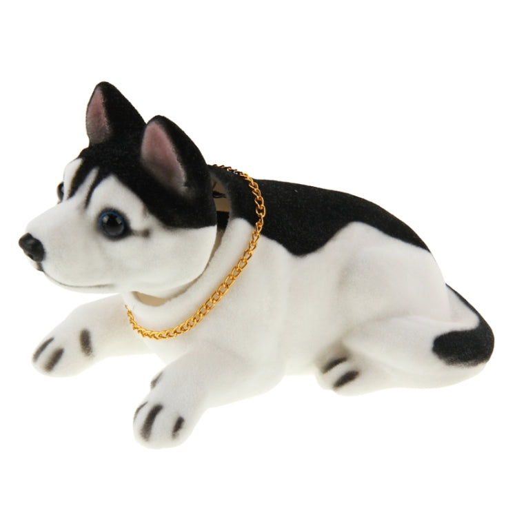 Black-and-white plush husky car decoration dog with gold chain, lying pose