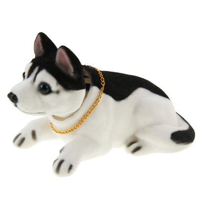 Black-and-white plush husky car decoration dog with gold chain, lying pose