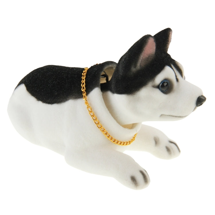 Black-and-white plush husky car decoration with gold chain, side view