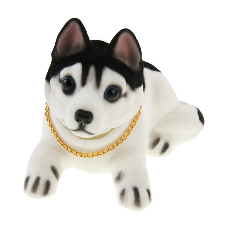 Black-and-white plush husky car decoration with gold chain, front-facing