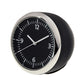 Angled round mini dashboard clock with black face and silver bezel