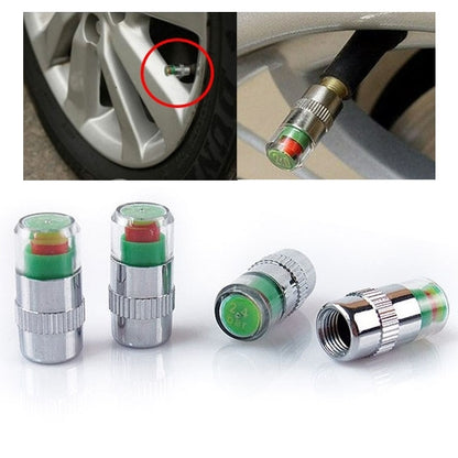 Tire pressure valve cap set with green indicator and chrome knurled housing.