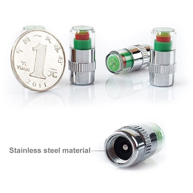 Chrome tire valve caps with green-and-red pressure indicator, shown with coin scale.