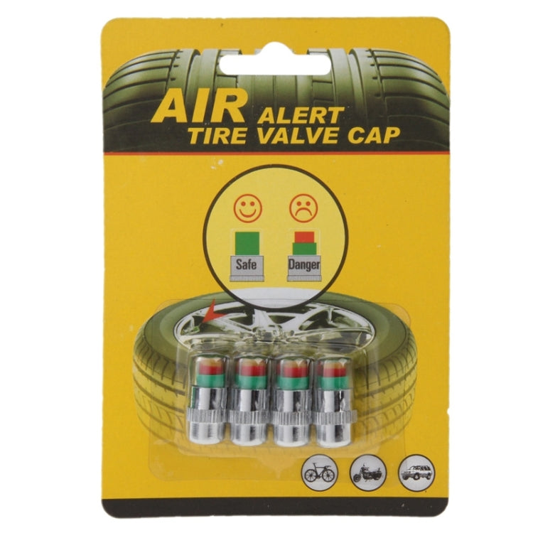 Tire valve cap set blister pack with four chrome caps and green/red indicators.