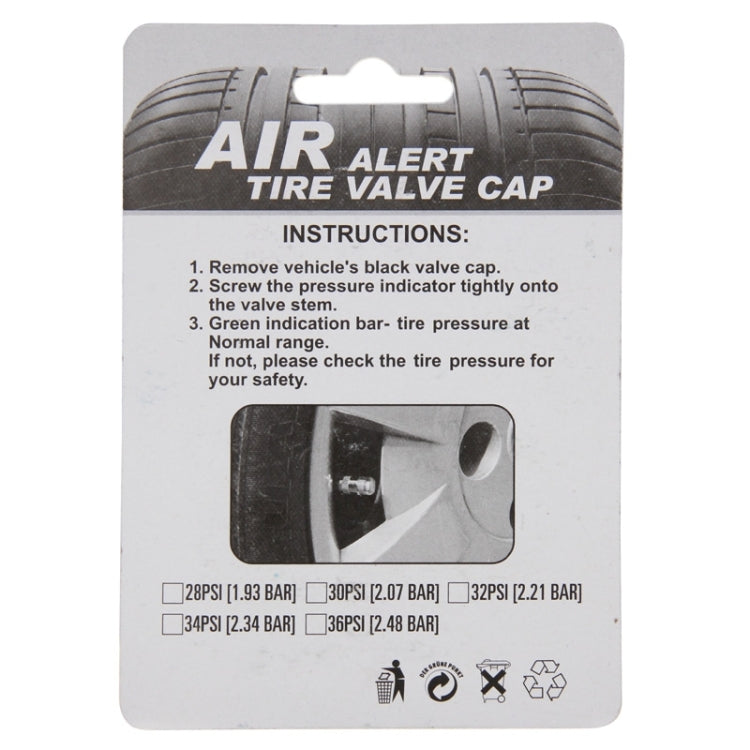 Tire valve cap set instructions card with four chrome caps and colored pressure indicators.