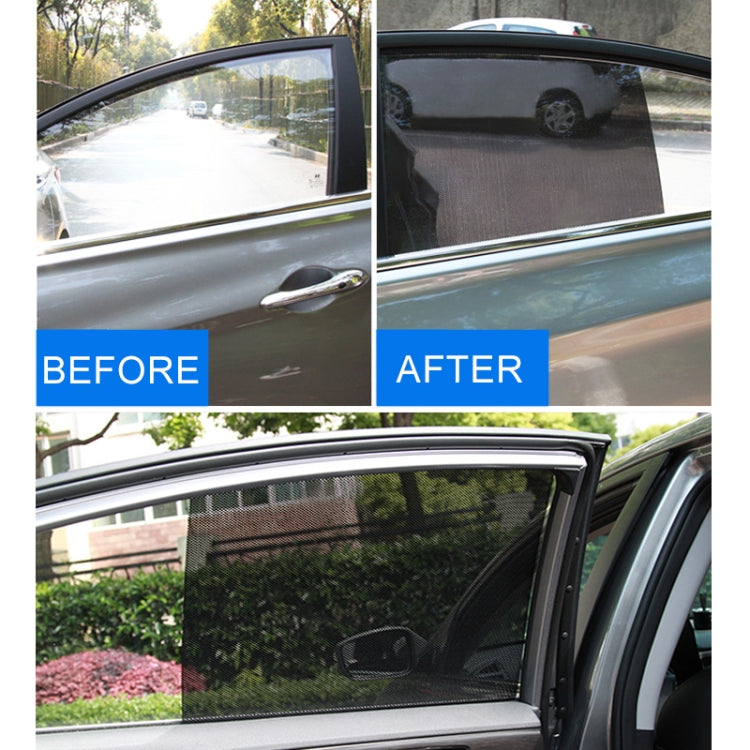 Gray mesh car window sticker applied to side glass, before/after view