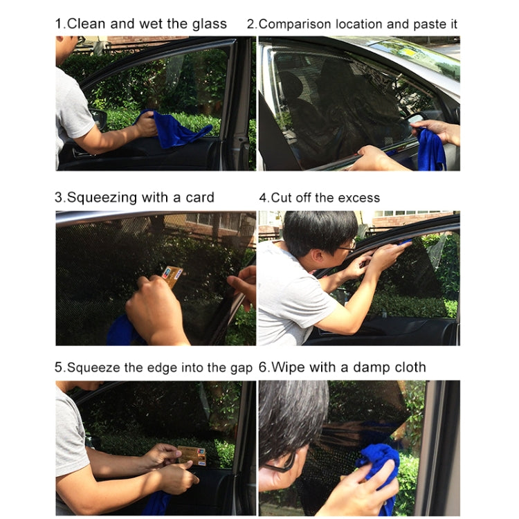 Gray mesh car window stickers installation steps with pressing and trimming