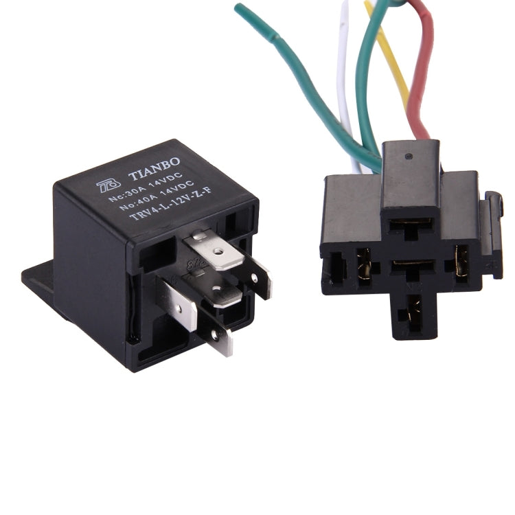 Black 12V 40A car relay with metal spade terminals and plastic pin connector
