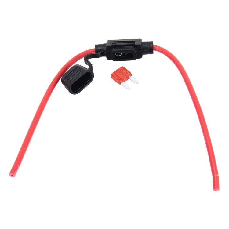 Waterproof fuse holder with red wires, black socket, and visible blade fuse