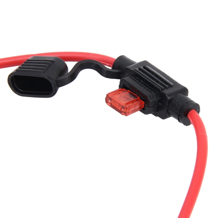 Waterproof fuse holder with clear red fuse window on black housing and red cable