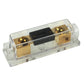 Car fuse distribution block with clear cover and gold terminals, black fuse holder