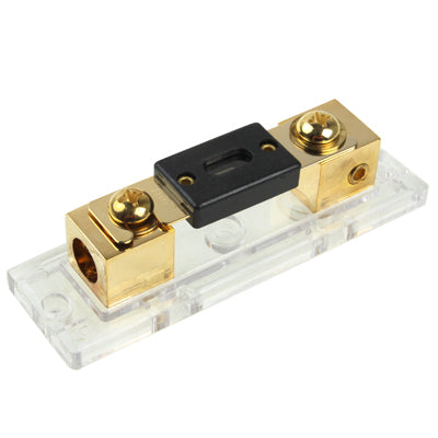 Car fuse distribution block end view with clear housing, gold terminals, black fuse