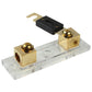 Car fuse distribution block with clear base, gold terminals, black blade fuse slot