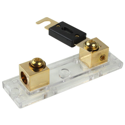 Car fuse distribution block with clear base, gold terminals, black blade fuse slot