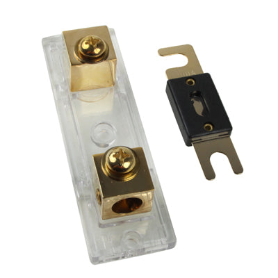 Car fuse distribution block with matching black fuse holder bracket and gold terminals