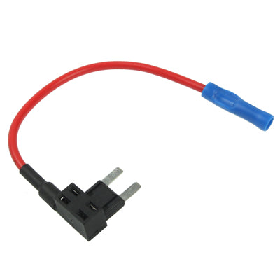Auto fuse holder adapter with red lead, blue connector tips, and black housing