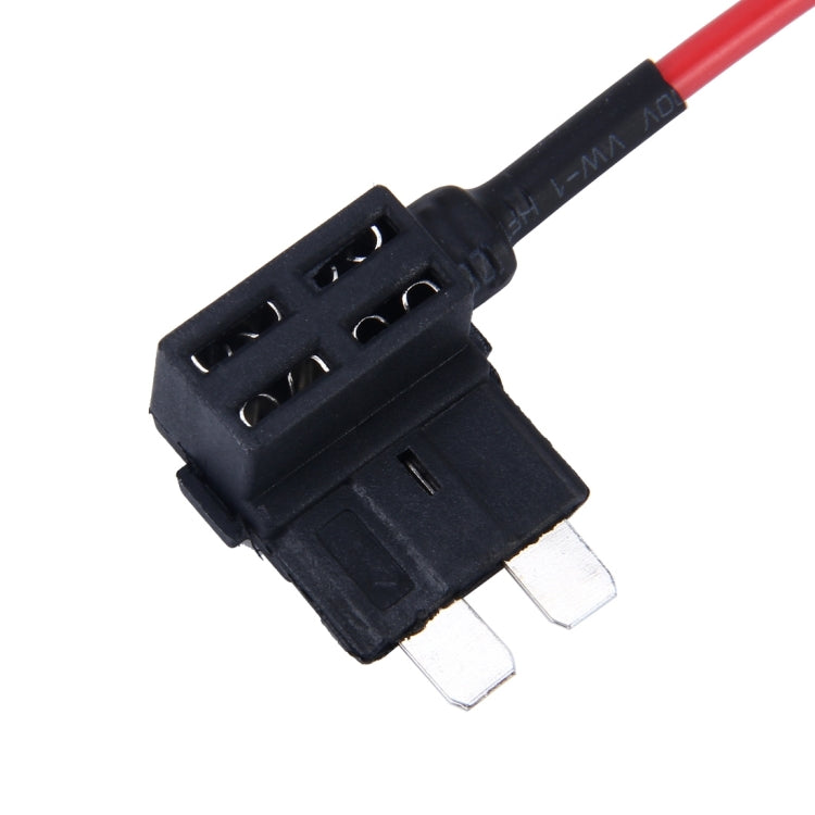 Auto fuse tap adapter with black housing and two metal plug blades