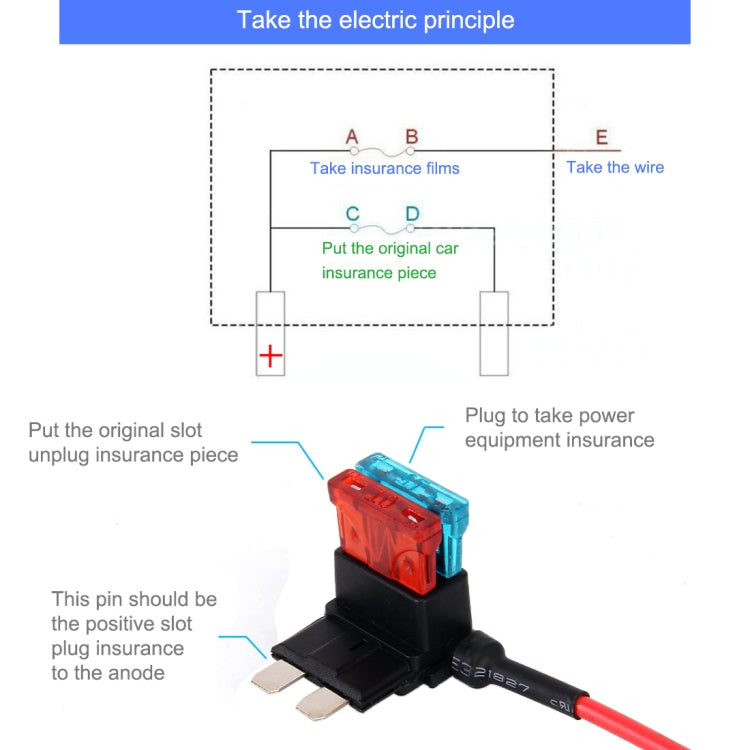 Auto fuse tap adapter with red fuse module, black housing, and red/blue leads