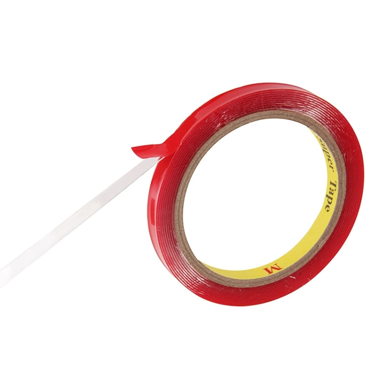 Red double-sided tape roll with white backing strip pulled from the inner edge
