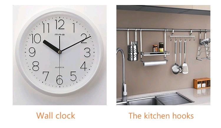 Red double-sided adhesive tape used to mount wall clock and kitchen hooks