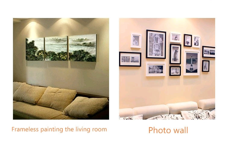 Red adhesive tape securing decor frames for wall display