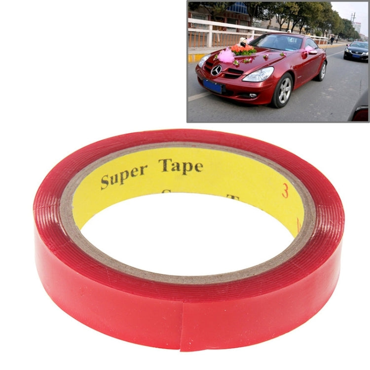 Red adhesive tape roll with inner yellow label, double-sided tape packaging view
