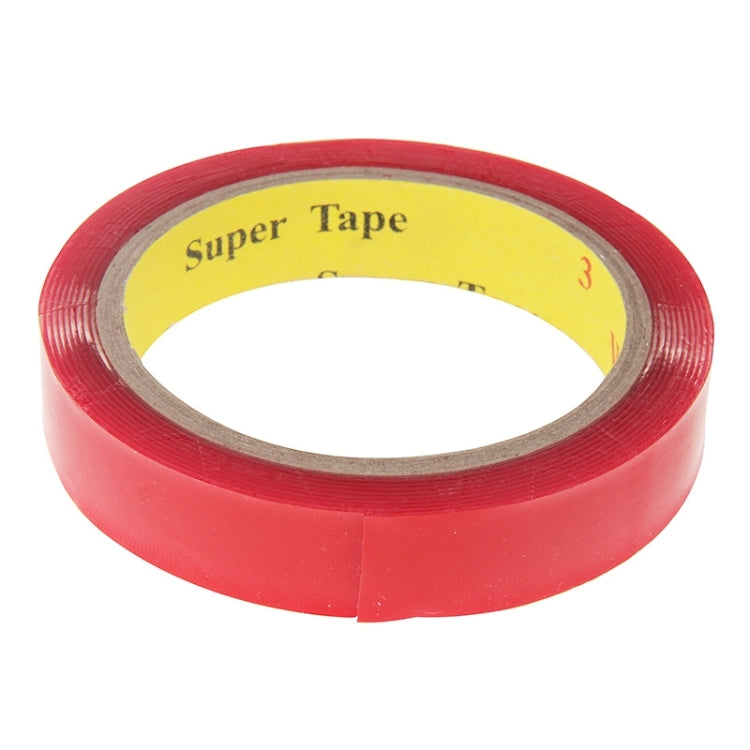 Red double-sided adhesive tape roll, clear core center with yellow label band