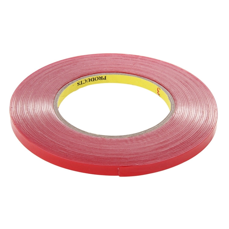 Red double-sided adhesive tape roll, 0.8 cm wide, full spool view