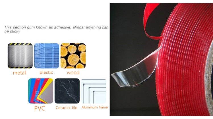 Red double-sided adhesive tape roll with wide adhesive strip