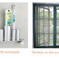 Red double-sided adhesive tape application on bathroom and window surfaces (tape not clear)