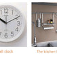 Red double-sided adhesive tape application on wall clock and kitchen hooks (tape not clear)