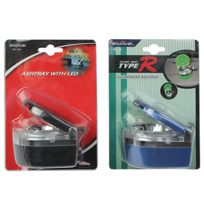 Retail packaging for LED ashtray with red and blue product boxes, “ASHtray with LED”