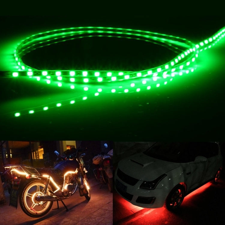 Green flexible LED car strip lights glowing along the 45 cm LED strip length