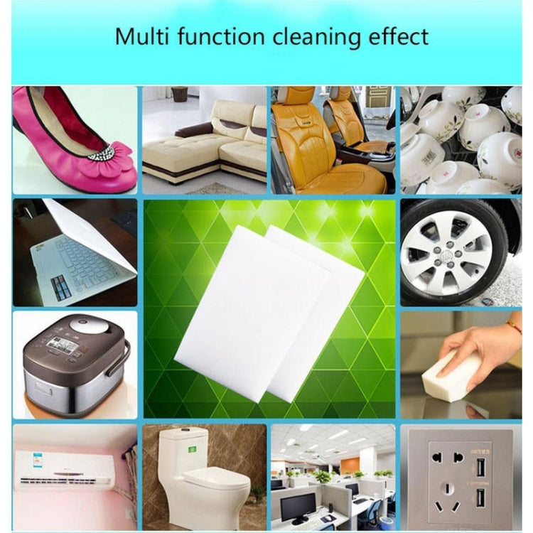 White cleaning sponge in the center of a multi-surface cleaning effect grid.