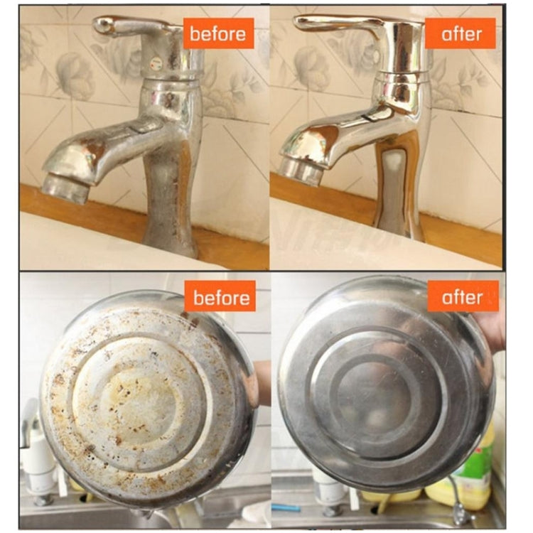 Before-and-after sink and faucet cleaning results with water spots removed.