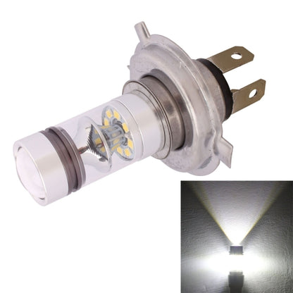 H4 LED headlight bulb with clear lens, metal housing, and two mounting pins