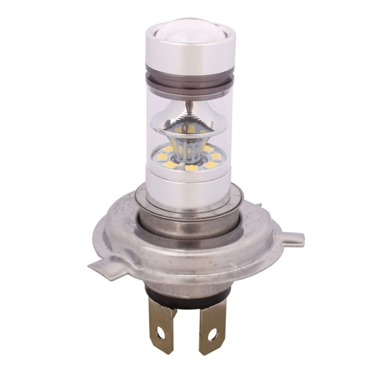H4 LED headlight bulb with cylindrical lens and two exposed mounting prongs