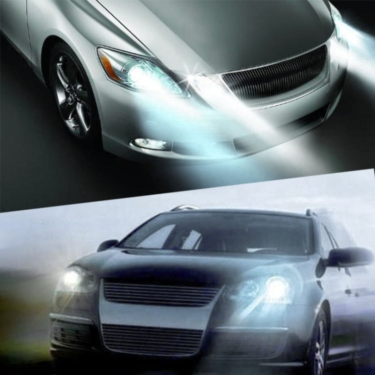 H4 LED headlight bulbs producing bright white beams on a car front