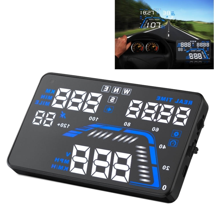 Car HUD head-up display with black housing and blue digital speed and gauge readouts