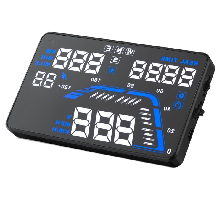 Black car HUD head-up display panel showing blue digital speed and altitude style readouts