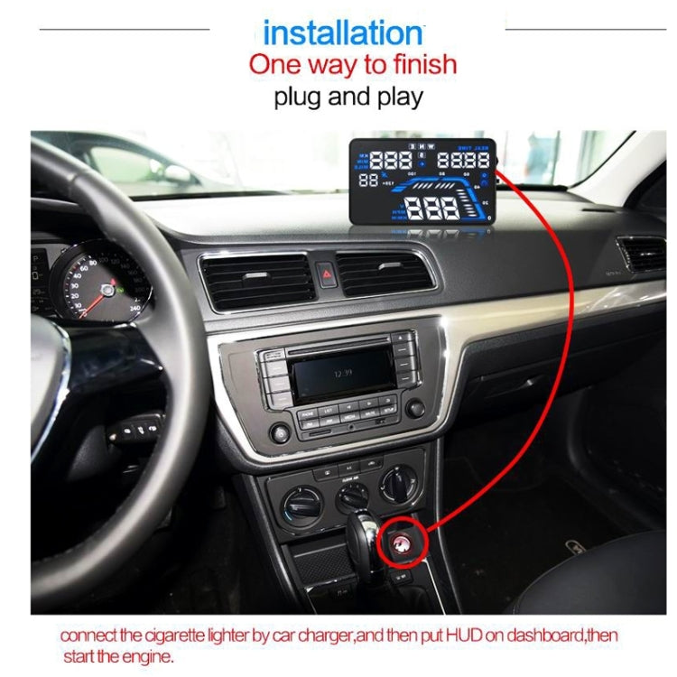 Car HUD GPS display mounted on dashboard with visible mounting and power connector area