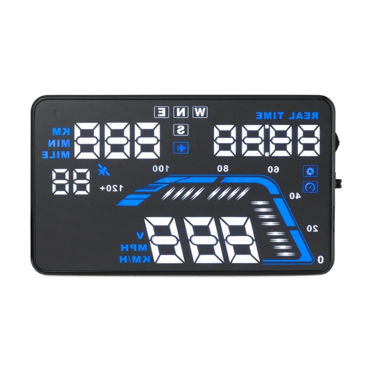 Car HUD head-up display with black frame and blue digital meters on screen