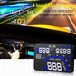 Car interior with HUD head-up display showing blue digital readouts on dashboard
