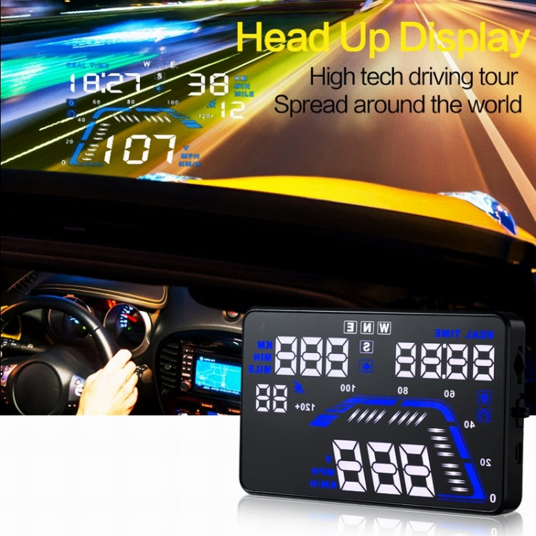 Car interior with HUD head-up display showing blue digital readouts on dashboard